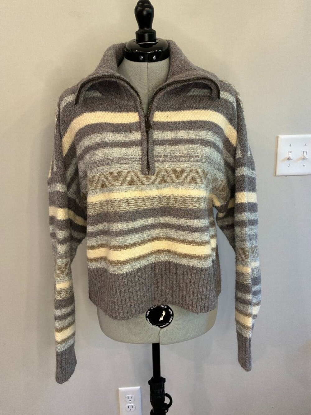 FRYE Wool Blend Striped Quarter Zip Sweater | Grey & Cream | Size XL